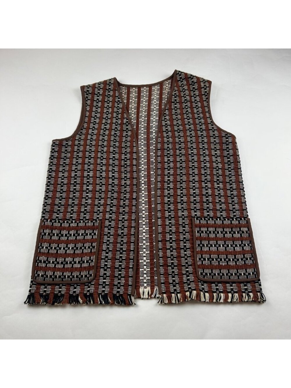 Brown Black Woven Open Front Fringe Trim Vest OS